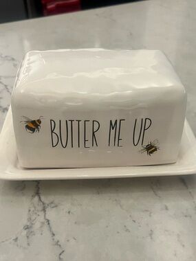 Harvest Green Studio - Bee themed Butter Dish - White Ceramic “Butter Me Up”